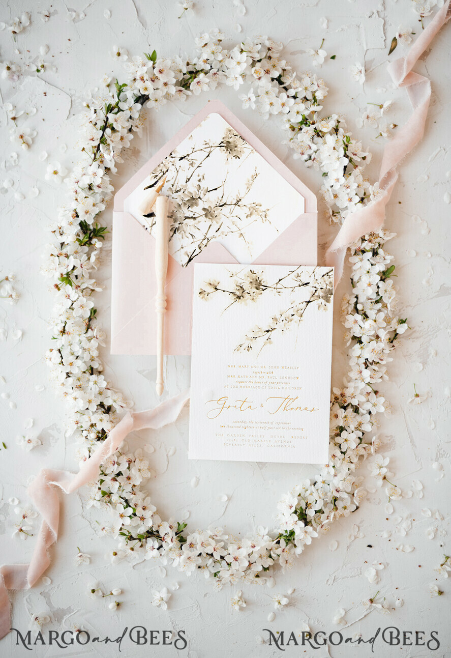 WEDDING INVITATIONS Elegant Invites Classic Cards Cherry Blossom Personalized Wedding Invitations Elegant Stationery with Golden Letter Velvet silk Bow Blush Pink Envelope with Floral Liner