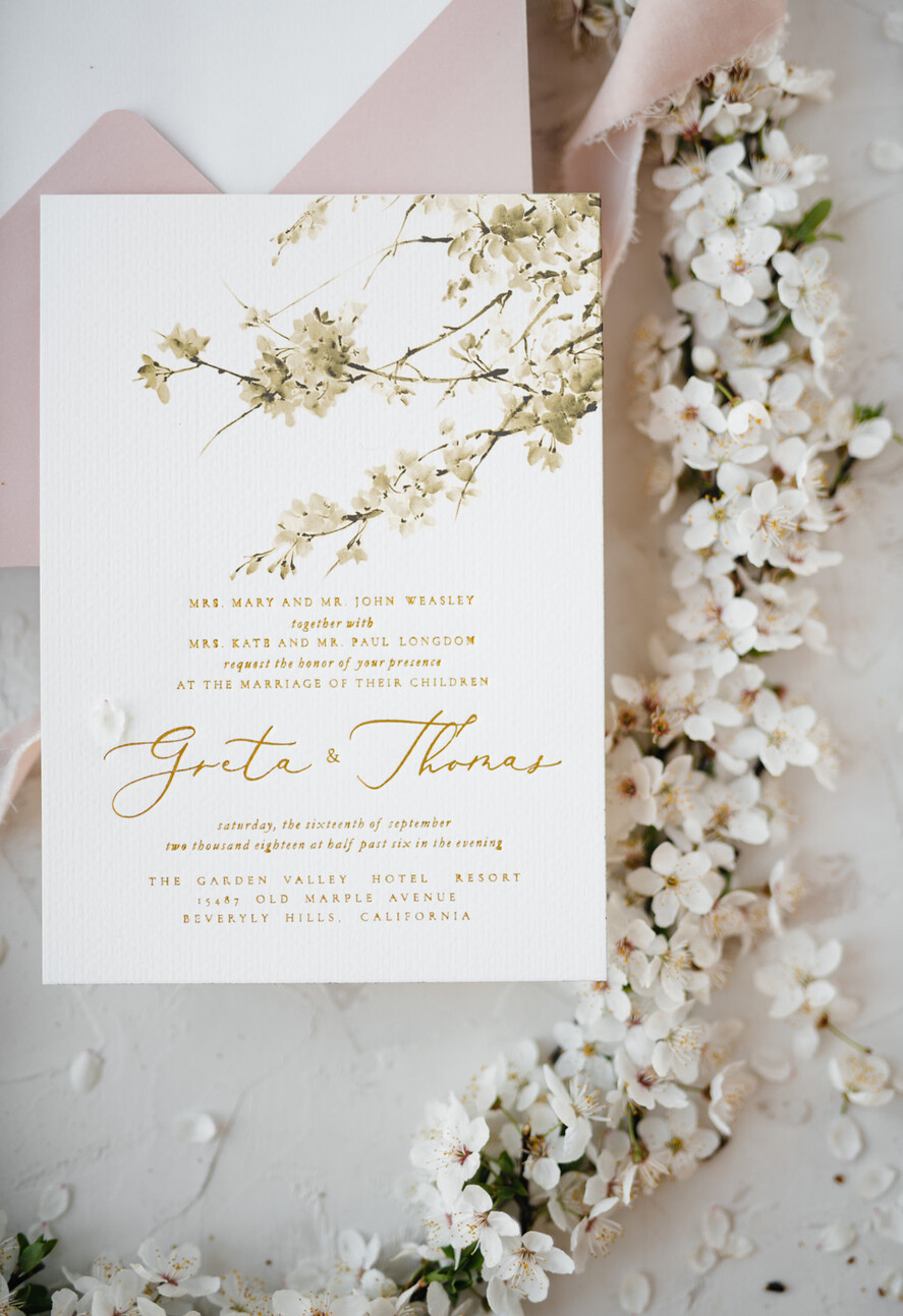 WEDDING INVITATIONS Elegant Invites Classic Cards Cherry Blossom Personalized Wedding Invitations Elegant Stationery with Golden Letter Velvet silk Bow Blush Pink Envelope with Floral Liner