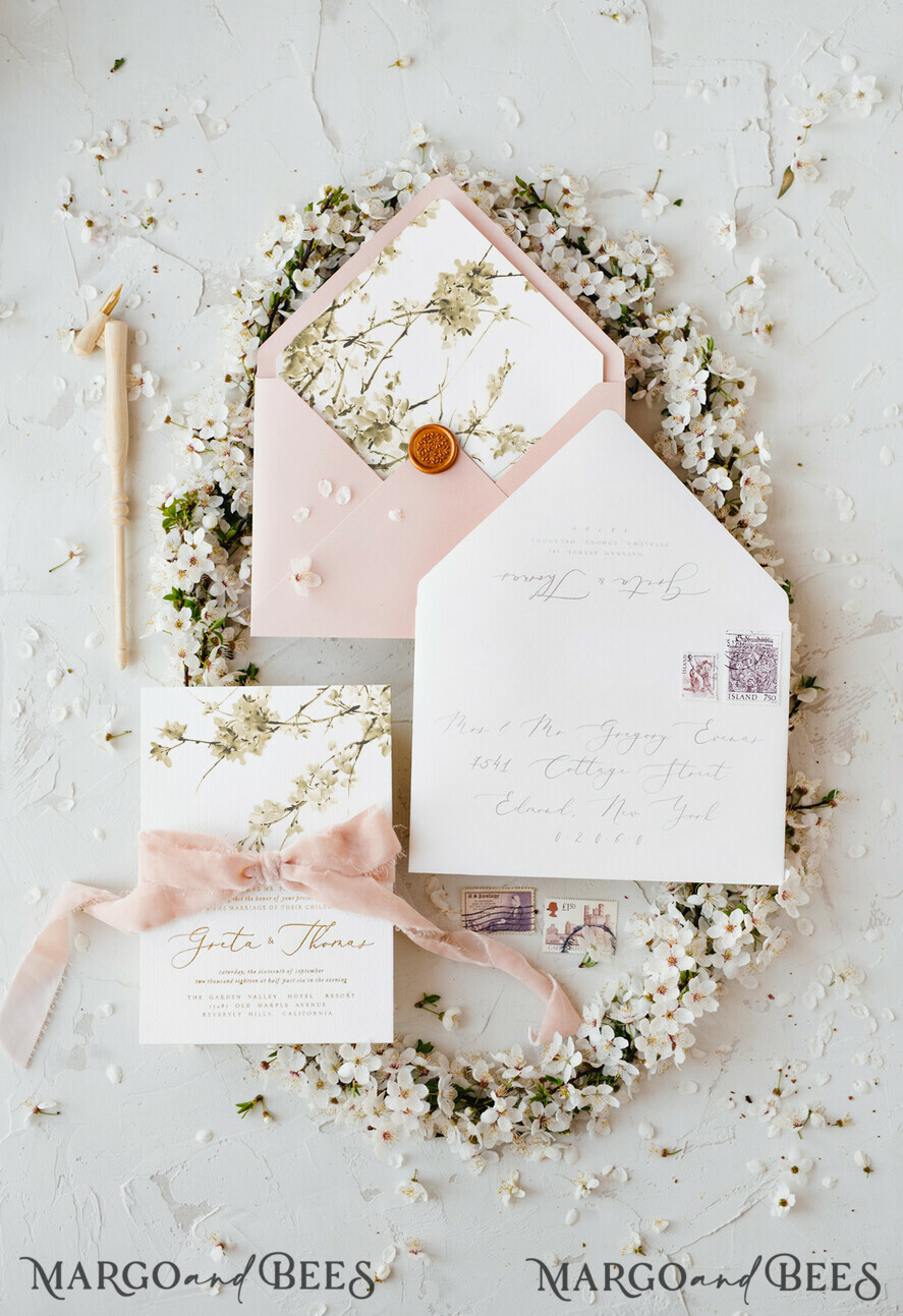 WEDDING INVITATIONS Elegant Invites Classic Cards Cherry Blossom Personalized Wedding Invitations Elegant Stationery with Golden Letter Velvet silk Bow Blush Pink Envelope with Floral Liner