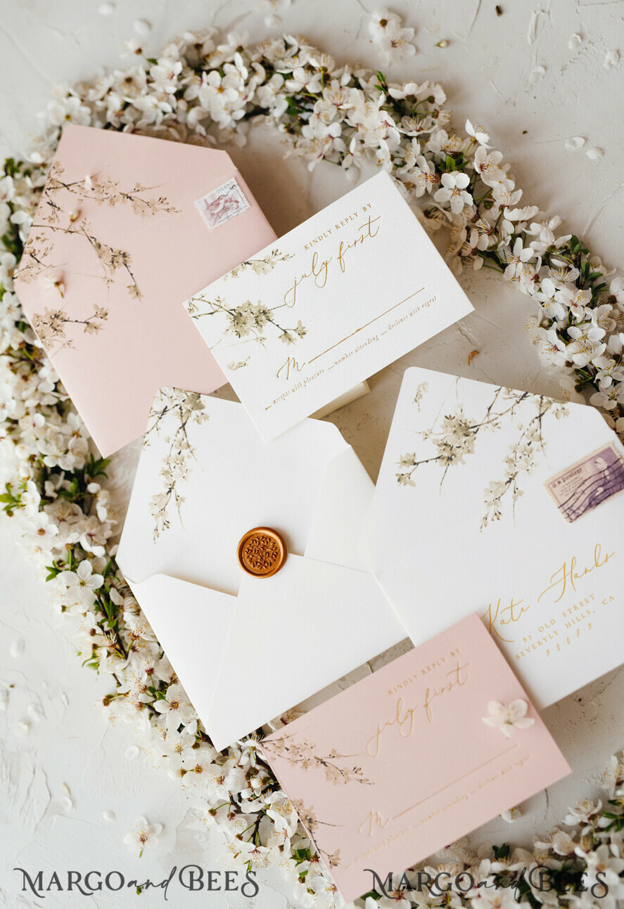 WEDDING INVITATIONS Elegant Invites Classic Cards Cherry Blossom Personalized Wedding Invitations Elegant Stationery with Golden Letter Velvet silk Bow Blush Pink Envelope with Floral Liner