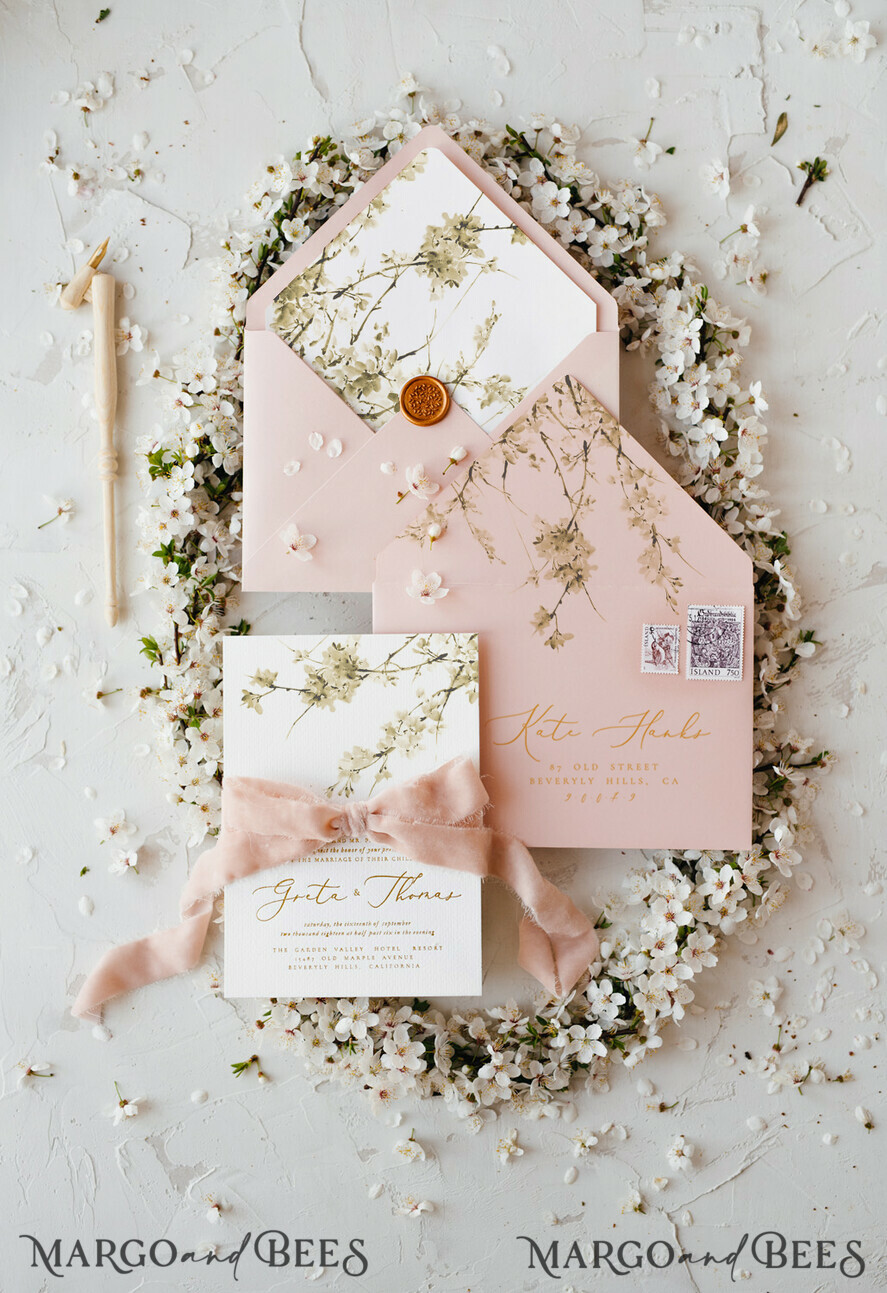 WEDDING INVITATIONS Elegant Invites Classic Cards Cherry Blossom Personalized Wedding Invitations Elegant Stationery with Golden Letter Velvet silk Bow Blush Pink Envelope with Floral Liner