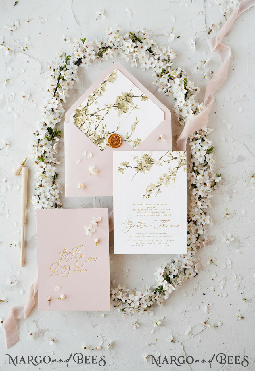 WEDDING INVITATIONS Elegant Invites Classic Cards Cherry Blossom Personalized Wedding Invitations Elegant Stationery with Golden Letter Velvet silk Bow Blush Pink Envelope with Floral Liner