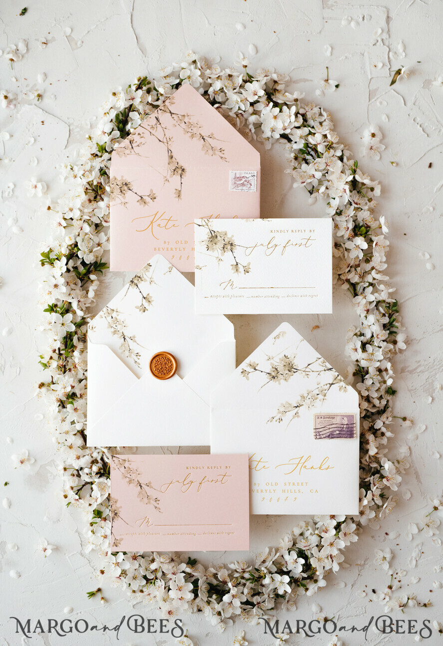 WEDDING INVITATIONS Elegant Invites Classic Cards Cherry Blossom Personalized Wedding Invitations Elegant Stationery with Golden Letter Velvet silk Bow Blush Pink Envelope with Floral Liner