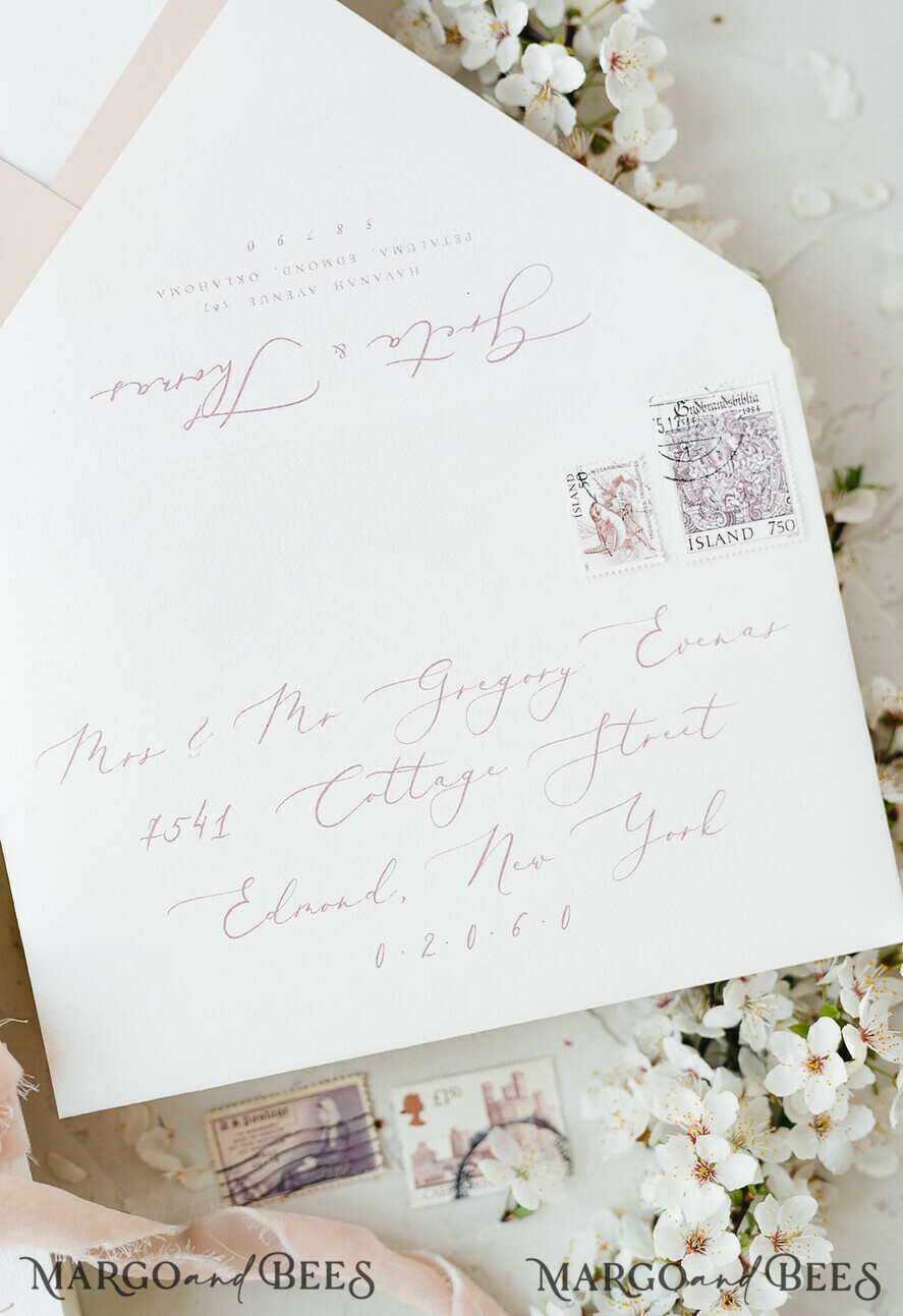 WEDDING INVITATIONS Elegant Invites Classic Cards Cherry Blossom Personalized Wedding Invitations Elegant Stationery with Golden Letter Velvet silk Bow Blush Pink Envelope with Floral Liner