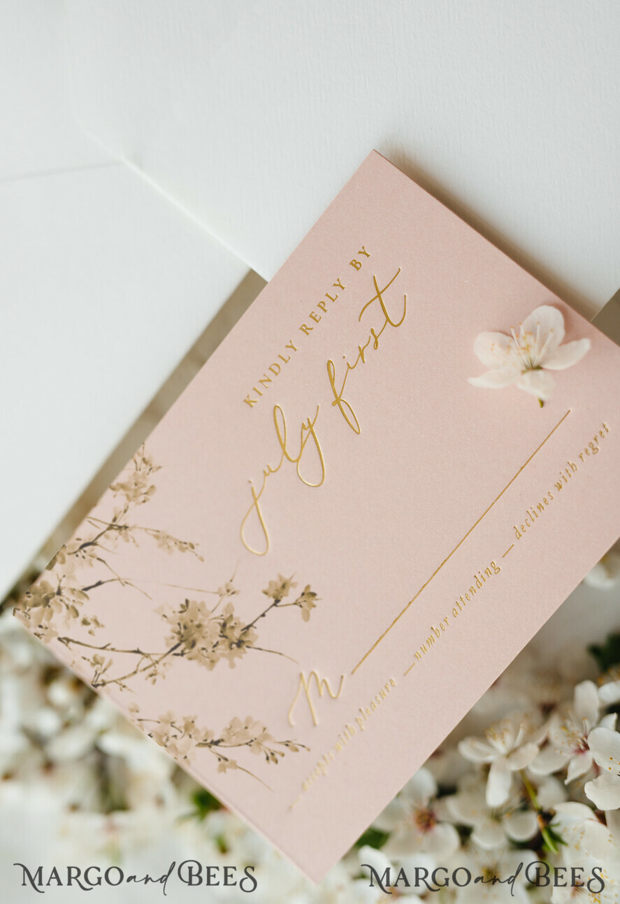 WEDDING INVITATIONS Elegant Invites Classic Cards Cherry Blossom Personalized Wedding Invitations Elegant Stationery with Golden Letter Velvet silk Bow Blush Pink Envelope with Floral Liner