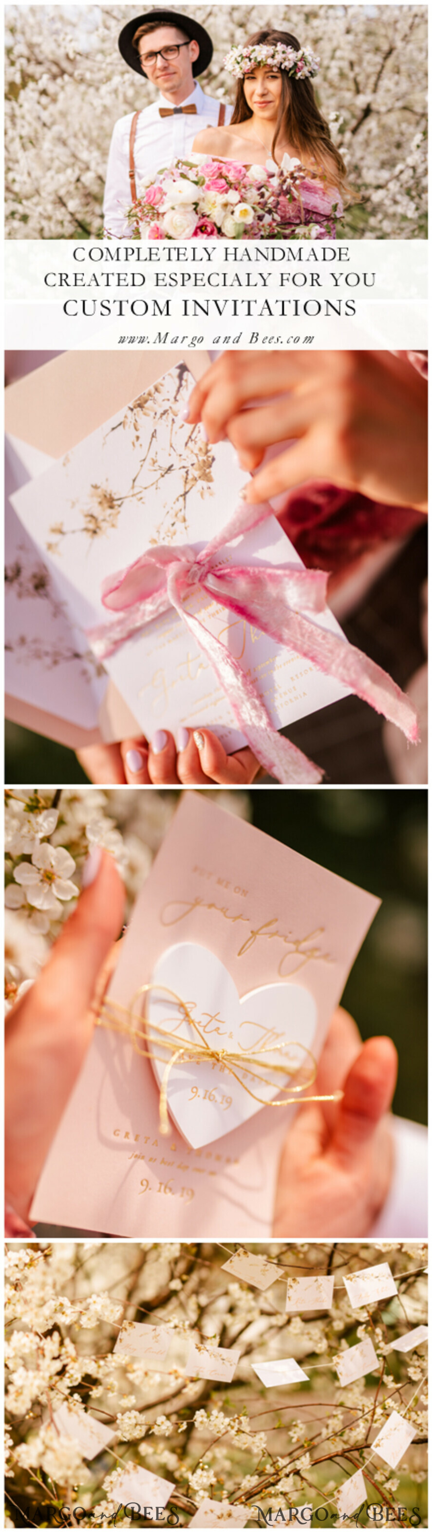 WEDDING INVITATIONS Elegant Invites Classic Cards Cherry Blossom Personalized Wedding Invitations Elegant Stationery with Golden Letter Velvet silk Bow Blush Pink Envelope with Floral Liner