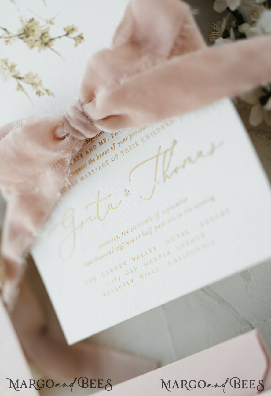 WEDDING INVITATIONS Elegant Invites Classic Cards Cherry Blossom Personalized Wedding Invitations Elegant Stationery with Golden Letter Velvet silk Bow Blush Pink Envelope with Floral Liner