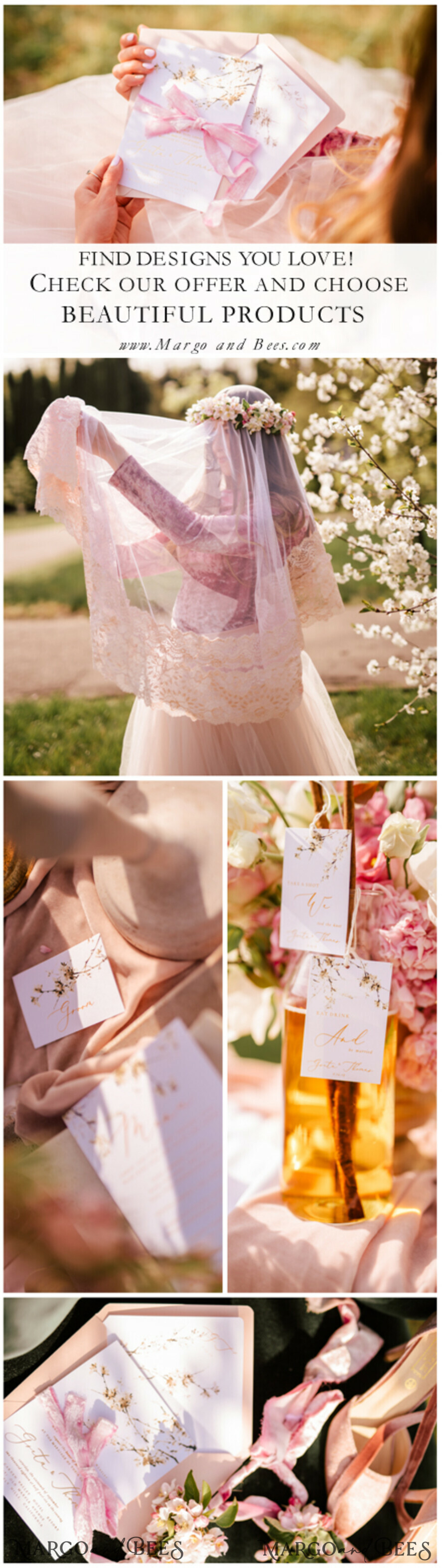 WEDDING INVITATIONS Elegant Invites Classic Cards Cherry Blossom Personalized Wedding Invitations Elegant Stationery with Golden Letter Velvet silk Bow Blush Pink Envelope with Floral Liner