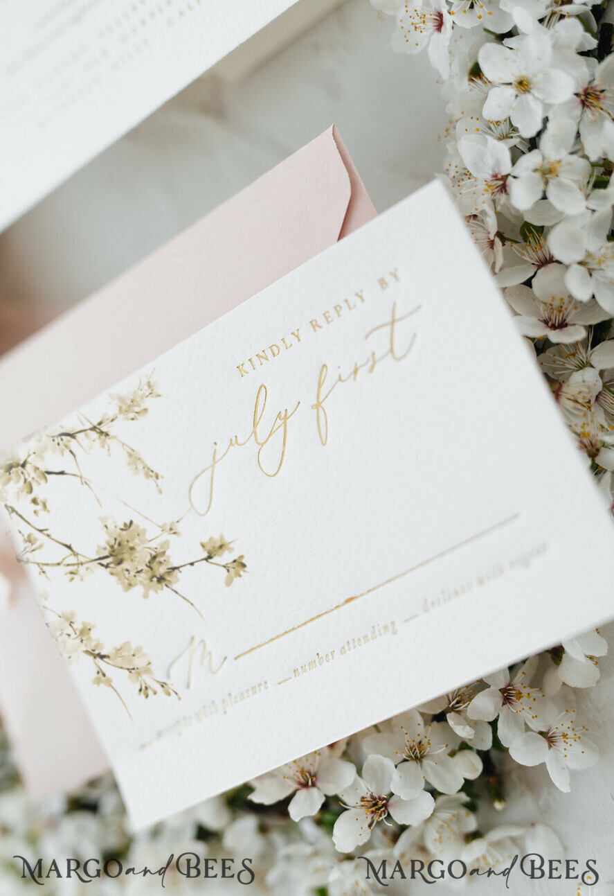 WEDDING INVITATIONS Elegant Invites Classic Cards Cherry Blossom Personalized Wedding Invitations Elegant Stationery with Golden Letter Velvet silk Bow Blush Pink Envelope with Floral Liner