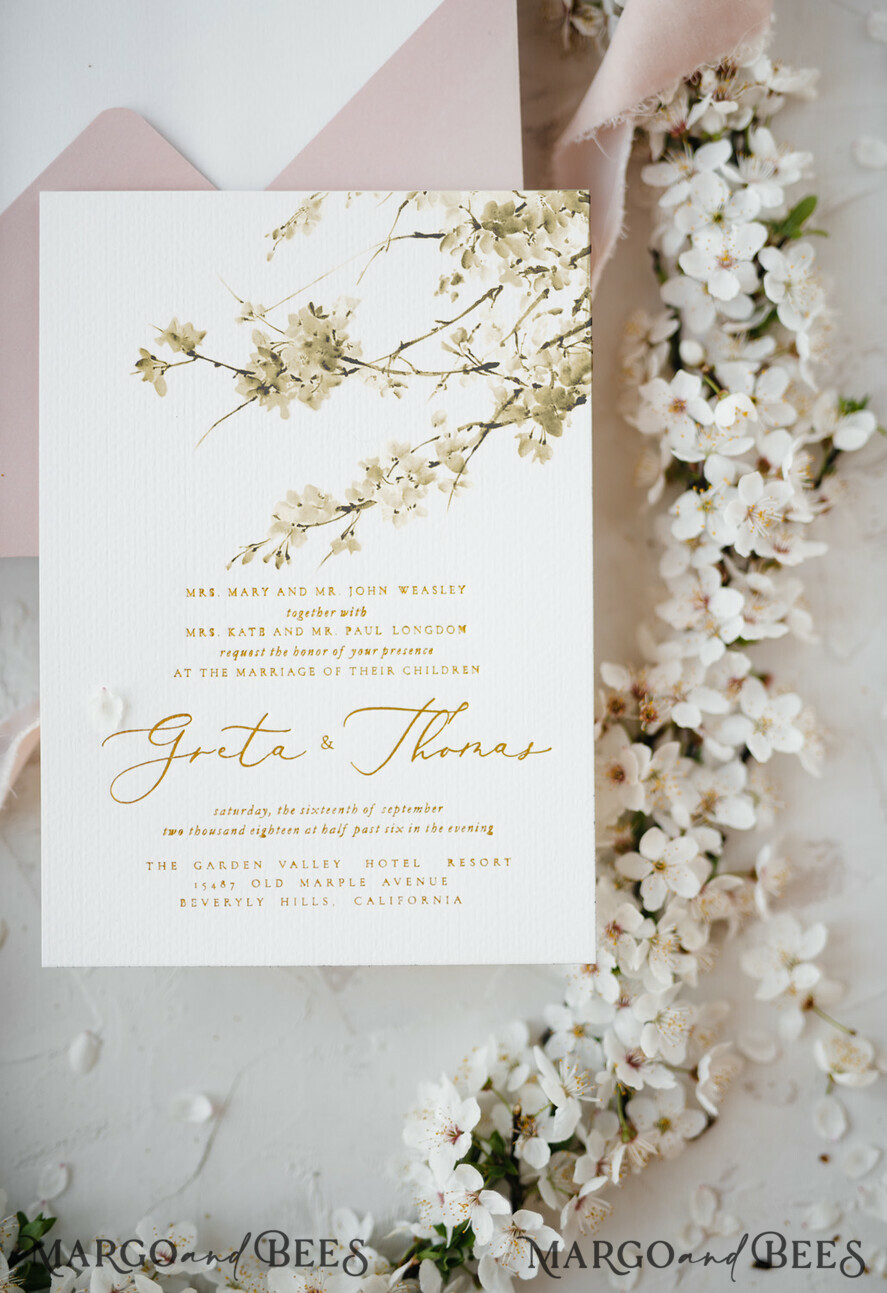 WEDDING INVITATIONS Elegant Invites Classic Cards Cherry Blossom Personalized Wedding Invitations Elegant Stationery with Golden Letter Velvet silk Bow Blush Pink Envelope with Floral Liner
