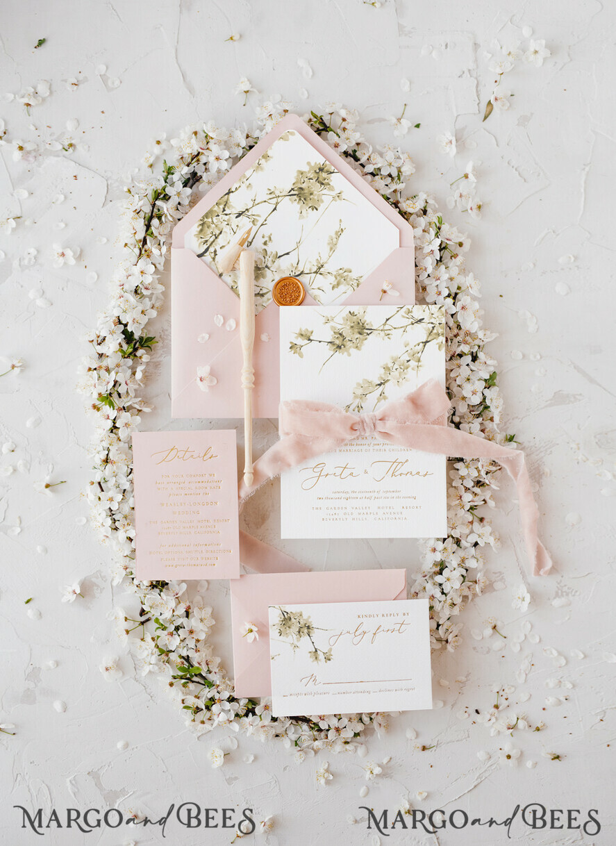 WEDDING INVITATIONS Elegant Invites Classic Cards Cherry Blossom Personalized Wedding Invitations Elegant Stationery with Golden Letter Velvet silk Bow Blush Pink Envelope with Floral Liner