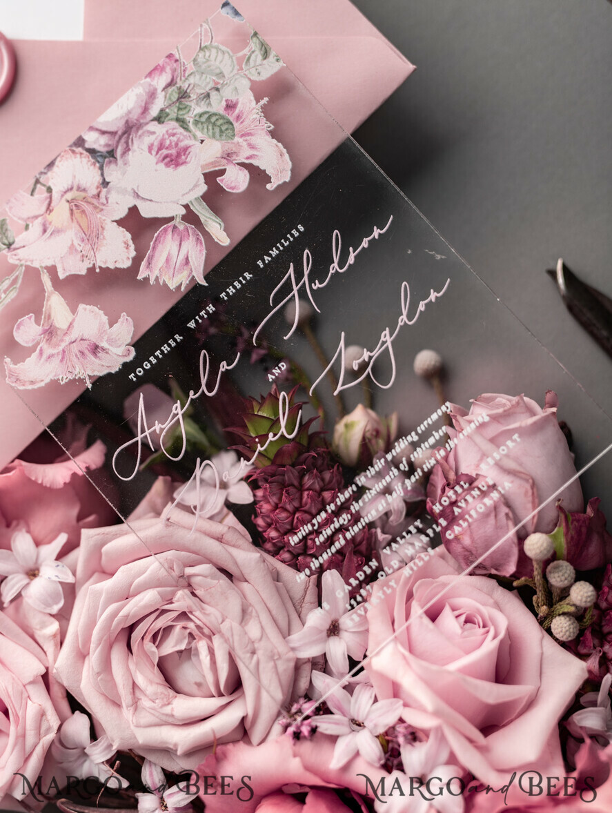 WEDDING INVITATIONS Elegant Invites Classic Cards Luxury Floral Acrylic Plexi Wedding Invitations, Romantic Blush Pink Wedding Invites, Vintage Wedding Invitation Suite, Elegant And Handmade Wedding Cards