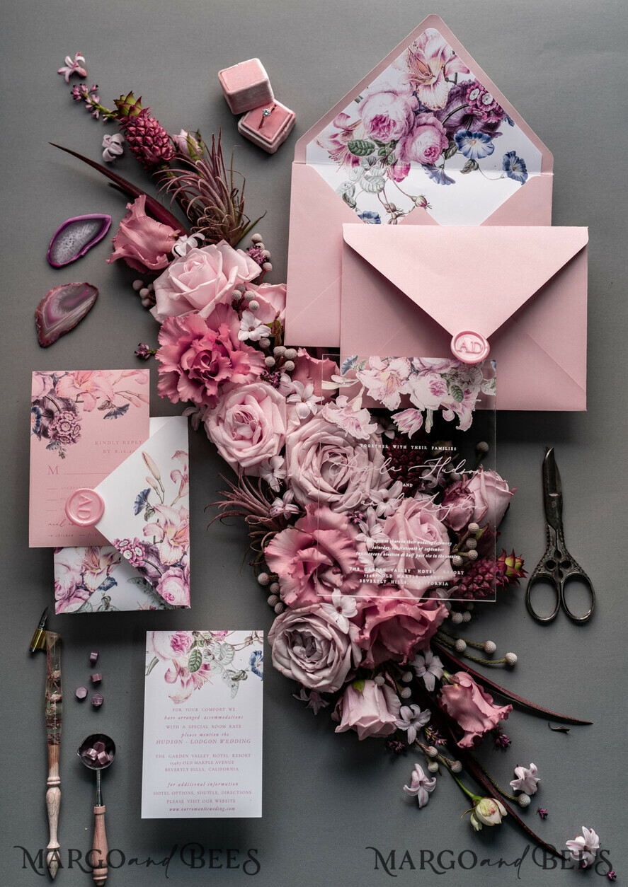 WEDDING INVITATIONS Elegant Invites Classic Cards Luxury Floral Acrylic Plexi Wedding Invitations, Romantic Blush Pink Wedding Invites, Vintage Wedding Invitation Suite, Elegant And Handmade Wedding Cards