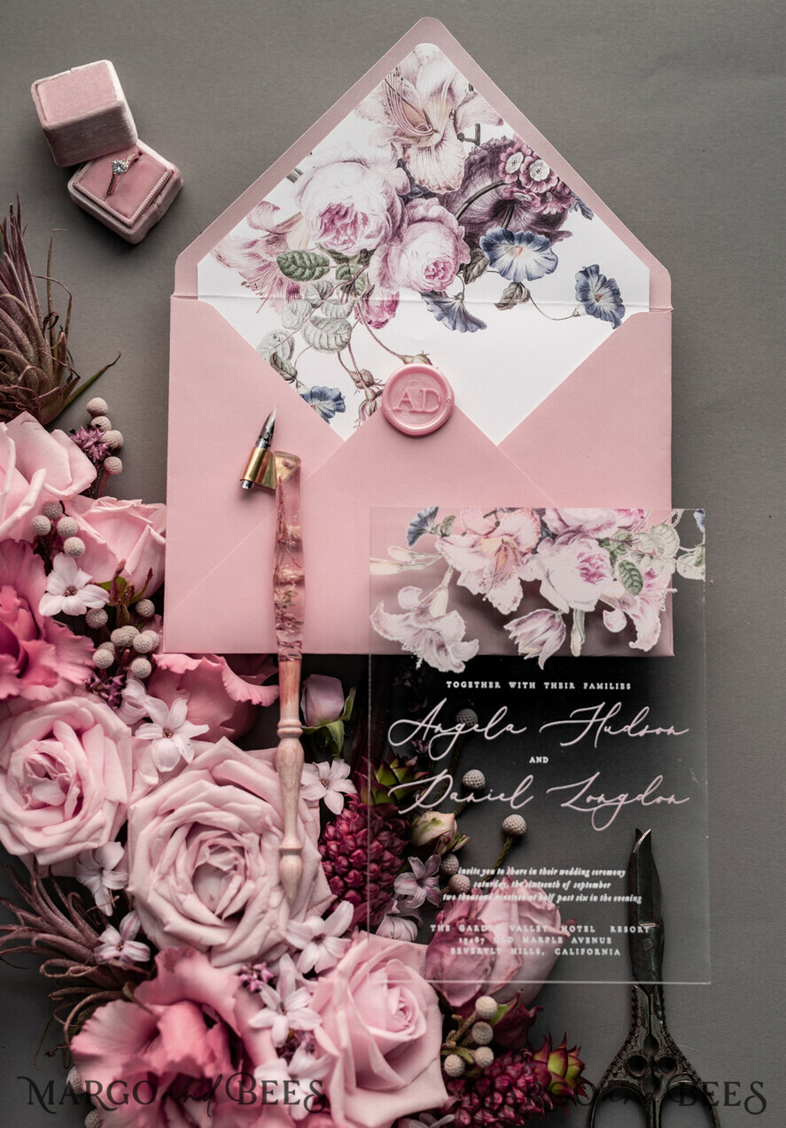 WEDDING INVITATIONS Elegant Invites Classic Cards Luxury Floral Acrylic Plexi Wedding Invitations, Romantic Blush Pink Wedding Invites, Vintage Wedding Invitation Suite, Elegant And Handmade Wedding Cards
