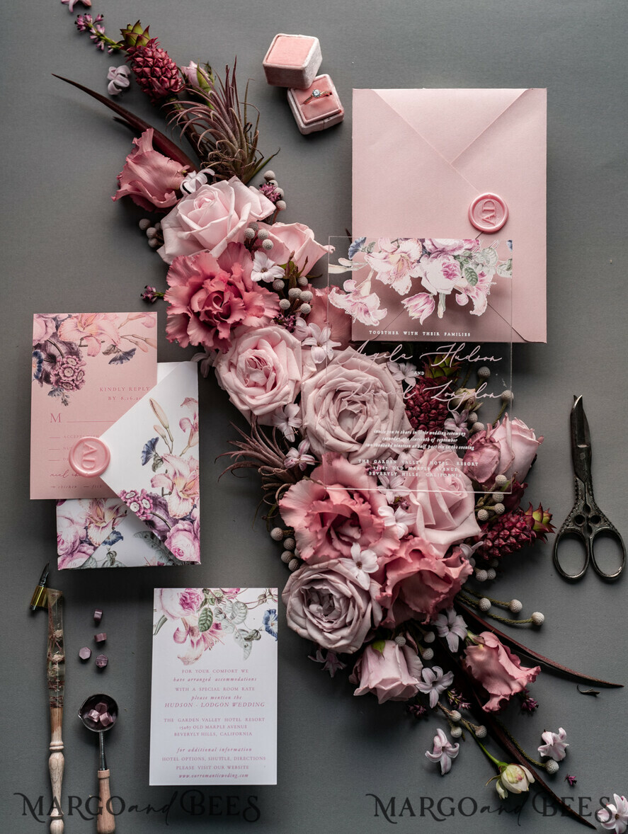 WEDDING INVITATIONS Elegant Invites Classic Cards Luxury Floral Acrylic Plexi Wedding Invitations, Romantic Blush Pink Wedding Invites, Vintage Wedding Invitation Suite, Elegant And Handmade Wedding Cards