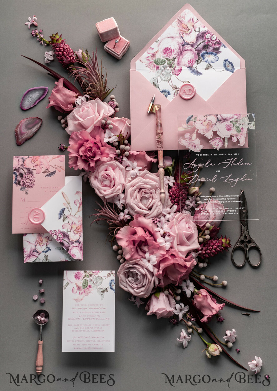 WEDDING INVITATIONS Elegant Invites Classic Cards Luxury Floral Acrylic Plexi Wedding Invitations, Romantic Blush Pink Wedding Invites, Vintage Wedding Invitation Suite, Elegant And Handmade Wedding Cards