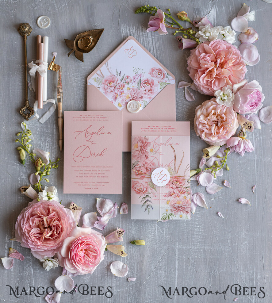 WEDDING INVITATIONS Elegant Invites Classic Cards Romantic Floral Wedding Invitations, Elegant Blush Pink Wedding Invites With Vellum Cover, Glamour Pink Wedding Invitation Suite, Luxury Wedding Cards