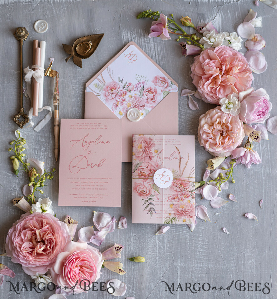 WEDDING INVITATIONS Elegant Invites Classic Cards Romantic Floral Wedding Invitations, Elegant Blush Pink Wedding Invites With Vellum Cover, Glamour Pink Wedding Invitation Suite, Luxury Wedding Cards