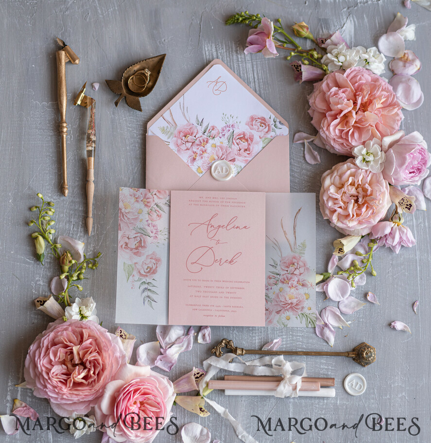 WEDDING INVITATIONS Elegant Invites Classic Cards Romantic Floral Wedding Invitations, Elegant Blush Pink Wedding Invites With Vellum Cover, Glamour Pink Wedding Invitation Suite, Luxury Wedding Cards