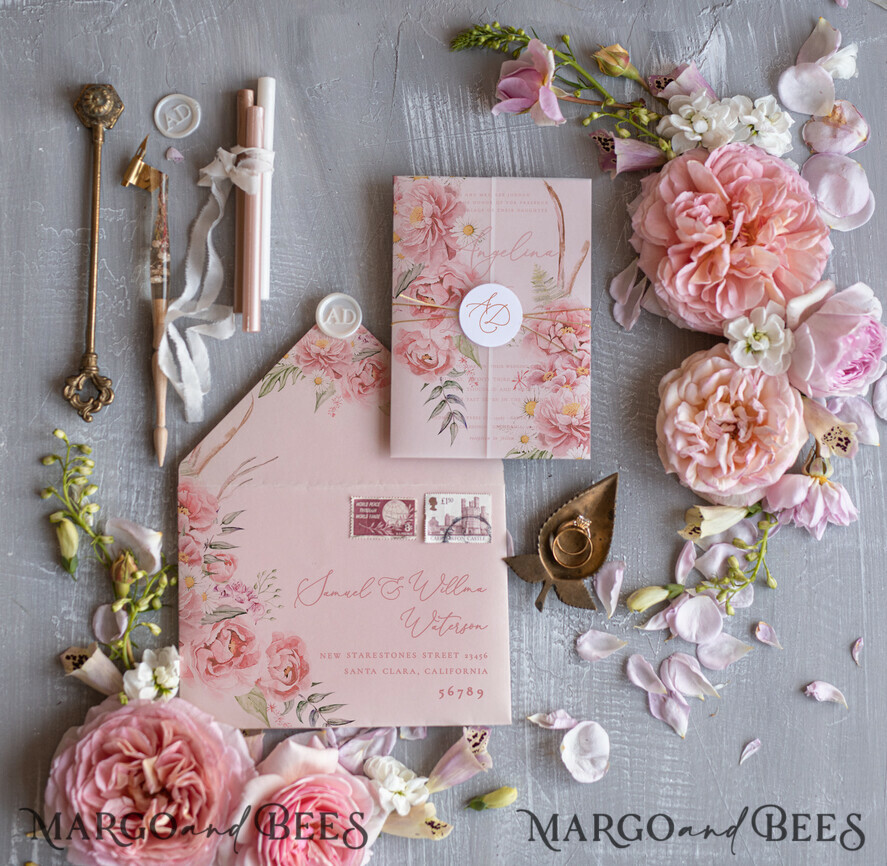 WEDDING INVITATIONS Elegant Invites Classic Cards Romantic Floral Wedding Invitations, Elegant Blush Pink Wedding Invites With Vellum Cover, Glamour Pink Wedding Invitation Suite, Luxury Wedding Cards