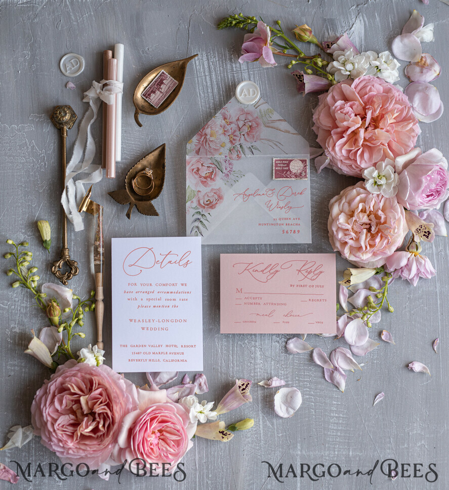 WEDDING INVITATIONS Elegant Invites Classic Cards Romantic Floral Wedding Invitations, Elegant Blush Pink Wedding Invites With Vellum Cover, Glamour Pink Wedding Invitation Suite, Luxury Wedding Cards