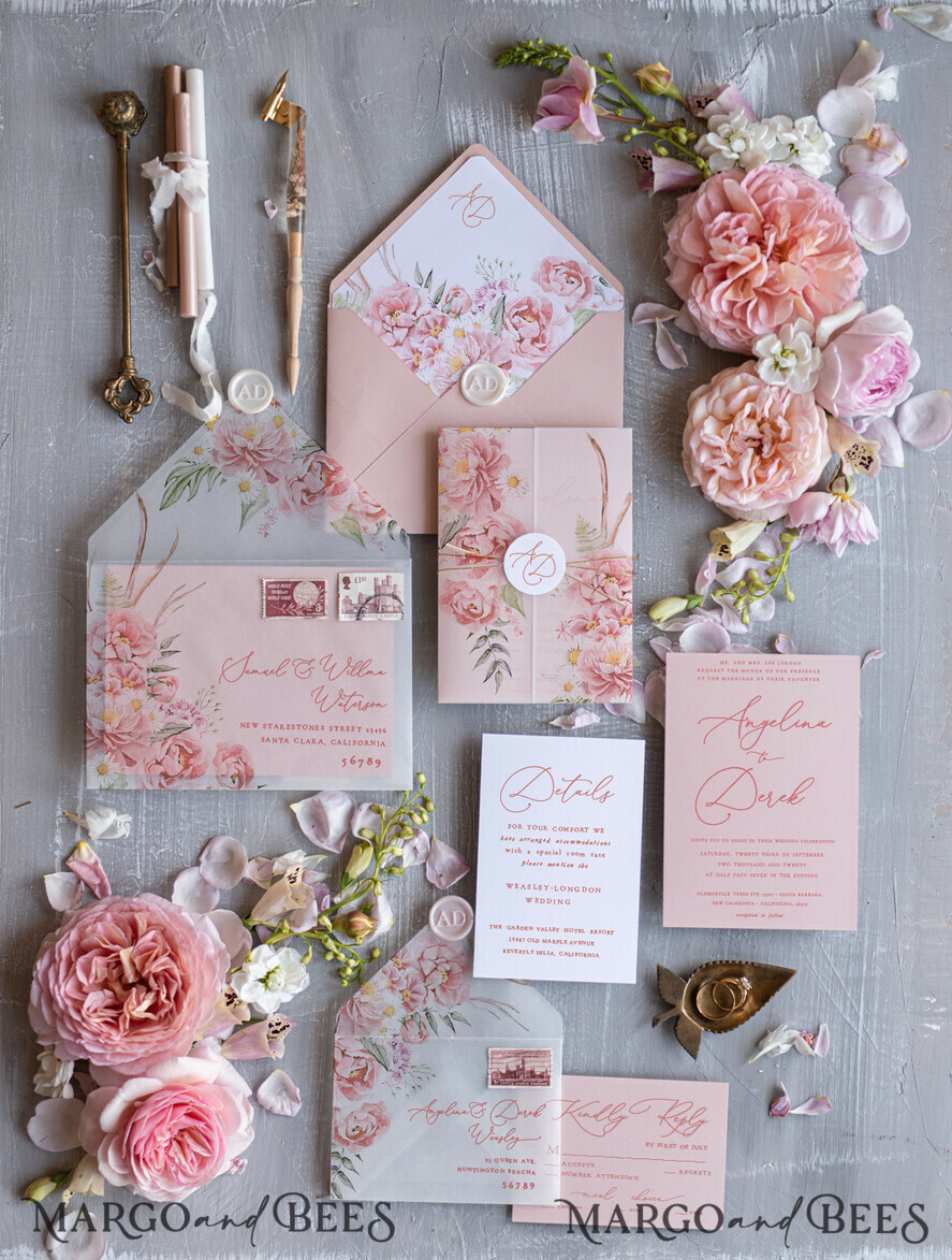 WEDDING INVITATIONS Elegant Invites Classic Cards Romantic Floral Wedding Invitations, Elegant Blush Pink Wedding Invites With Vellum Cover, Glamour Pink Wedding Invitation Suite, Luxury Wedding Cards
