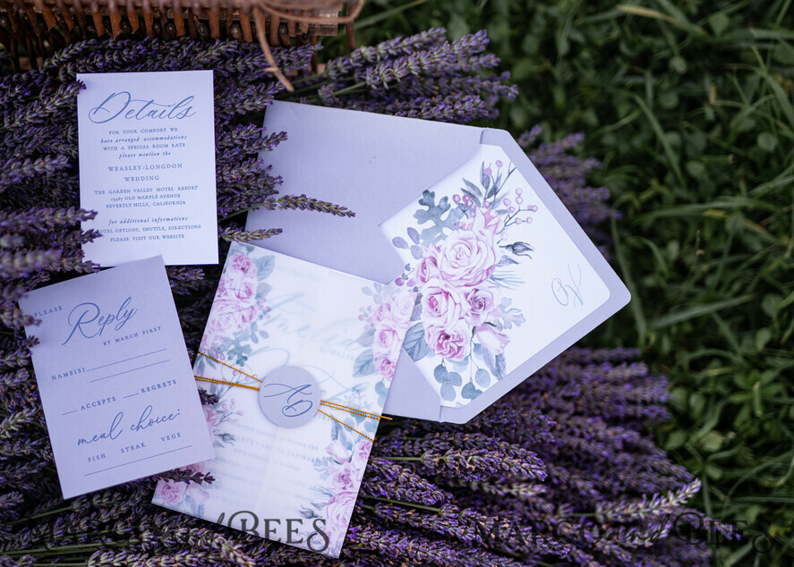 WEDDING INVITATIONS Elegant Invites Classic Cards Lavender wedding invitations, lilac wedding invitations, lila wedding invitations, floral wedding invitations, floral wedding cards, floral wedding, floral wedding stationery, purple wedding invitations, purple wedding invitations, elegant wedding invitations, vellum wrapping, initials sticker, vellum paper, lavender lettering, calligraphy, golden twine, romantic wedding invitations, additional cards, lavender wedding stationery