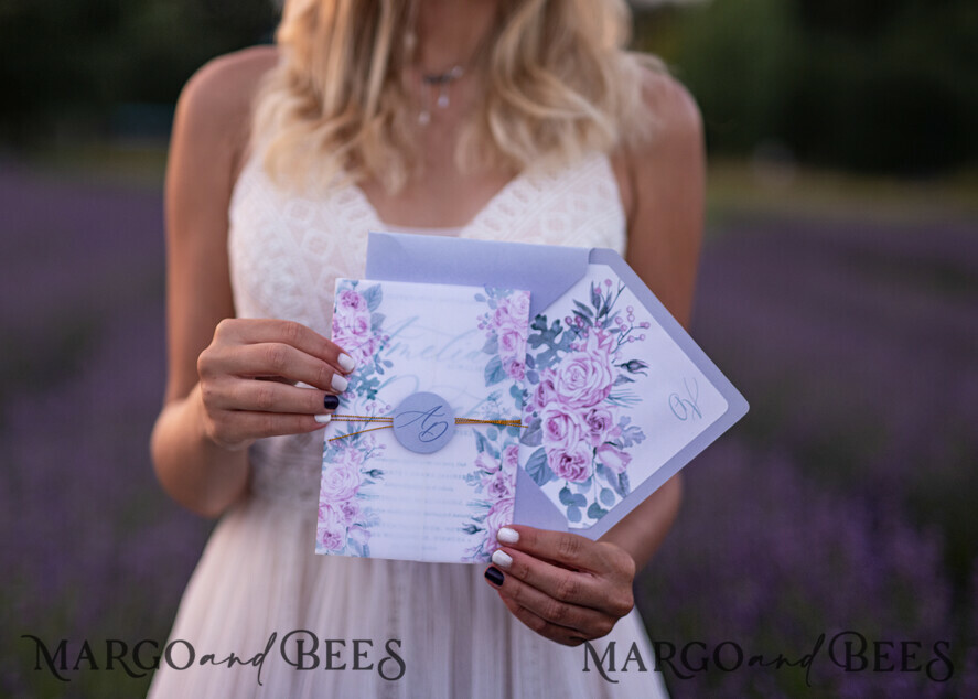 WEDDING INVITATIONS Elegant Invites Classic Cards Lavender wedding invitations, lilac wedding invitations, lila wedding invitations, floral wedding invitations, floral wedding cards, floral wedding, floral wedding stationery, purple wedding invitations, purple wedding invitations, elegant wedding invitations, vellum wrapping, initials sticker, vellum paper, lavender lettering, calligraphy, golden twine, romantic wedding invitations, additional cards, lavender wedding stationery
