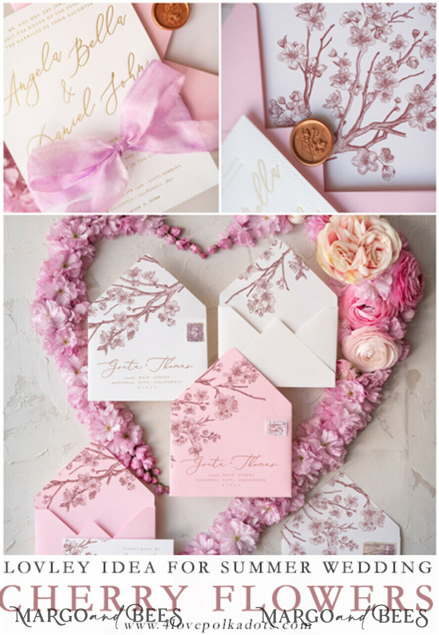 WEDDING INVITATIONS Elegant Invites Classic Cards Spring Bespoke Wedding Invitations Cherry Blossom Stationery with HandMade Silk Bow Gold Foil Letters Blush Pink Envelope