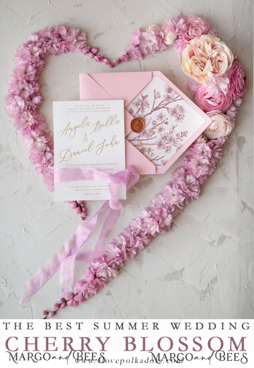 WEDDING INVITATIONS Elegant Invites Classic Cards Spring Bespoke Wedding Invitations Cherry Blossom Stationery with HandMade Silk Bow Gold Foil Letters Blush Pink Envelope