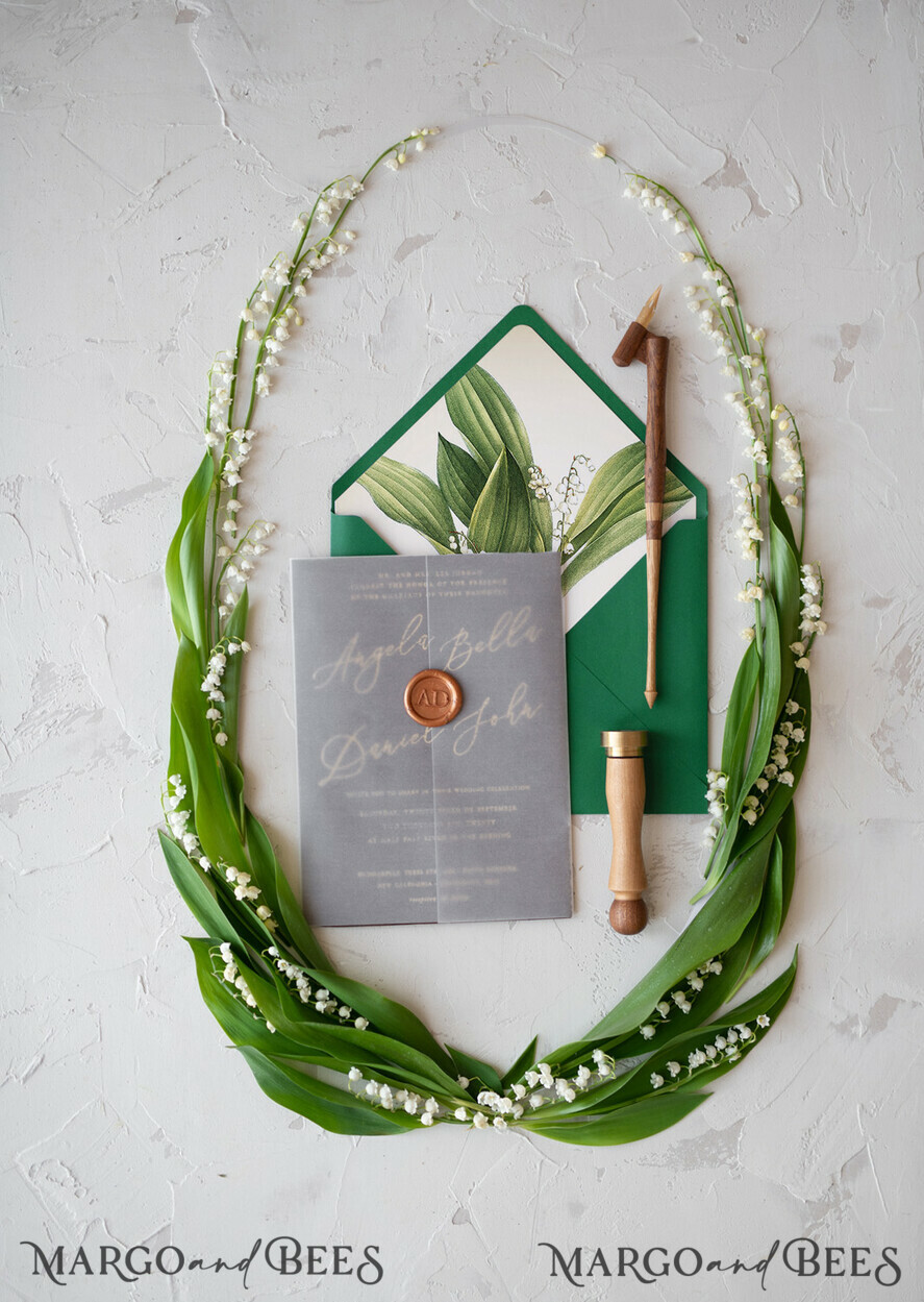 WEDDING INVITATIONS Elegant Invites Classic Cards Real Wood Wedding Invitations Spring Lilly of the Valley Stationery withGolden Letters Vellum Wraping Wax Seal Green Envelope