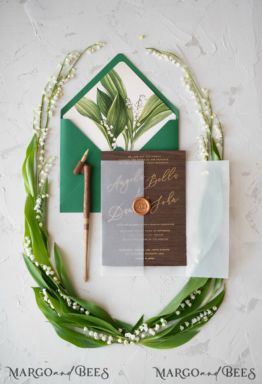 WEDDING INVITATIONS Elegant Invites Classic Cards Real Wood Wedding Invitations Spring Lilly of the Valley Stationery withGolden Letters Vellum Wraping Wax Seal Green Envelope