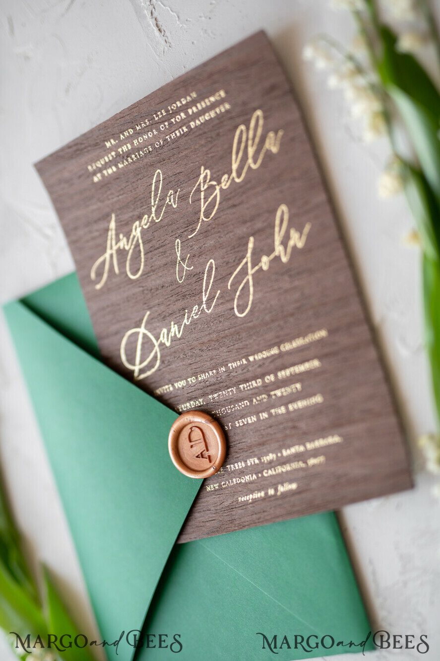 WEDDING INVITATIONS Elegant Invites Classic Cards Real Wood Wedding Invitations Spring Lilly of the Valley Stationery withGolden Letters Vellum Wraping Wax Seal Green Envelope