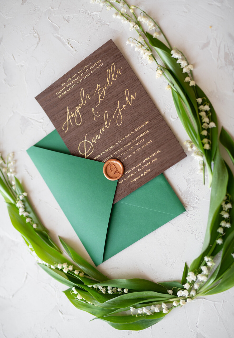 WEDDING INVITATIONS Elegant Invites Classic Cards Real Wood Wedding Invitations Spring Lilly of the Valley Stationery withGolden Letters Vellum Wraping Wax Seal Green Envelope