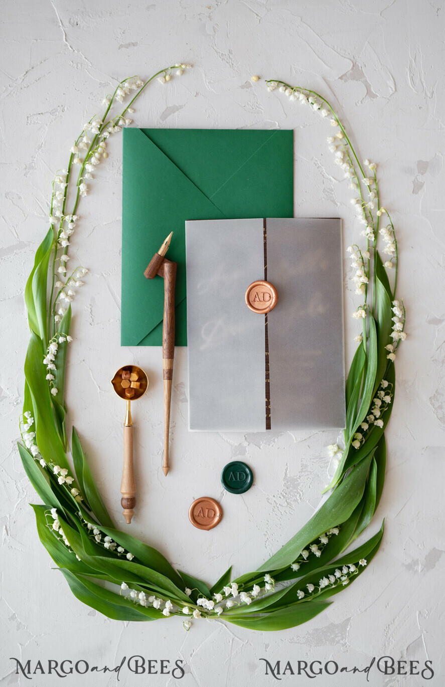 WEDDING INVITATIONS Elegant Invites Classic Cards Real Wood Wedding Invitations Spring Lilly of the Valley Stationery withGolden Letters Vellum Wraping Wax Seal Green Envelope