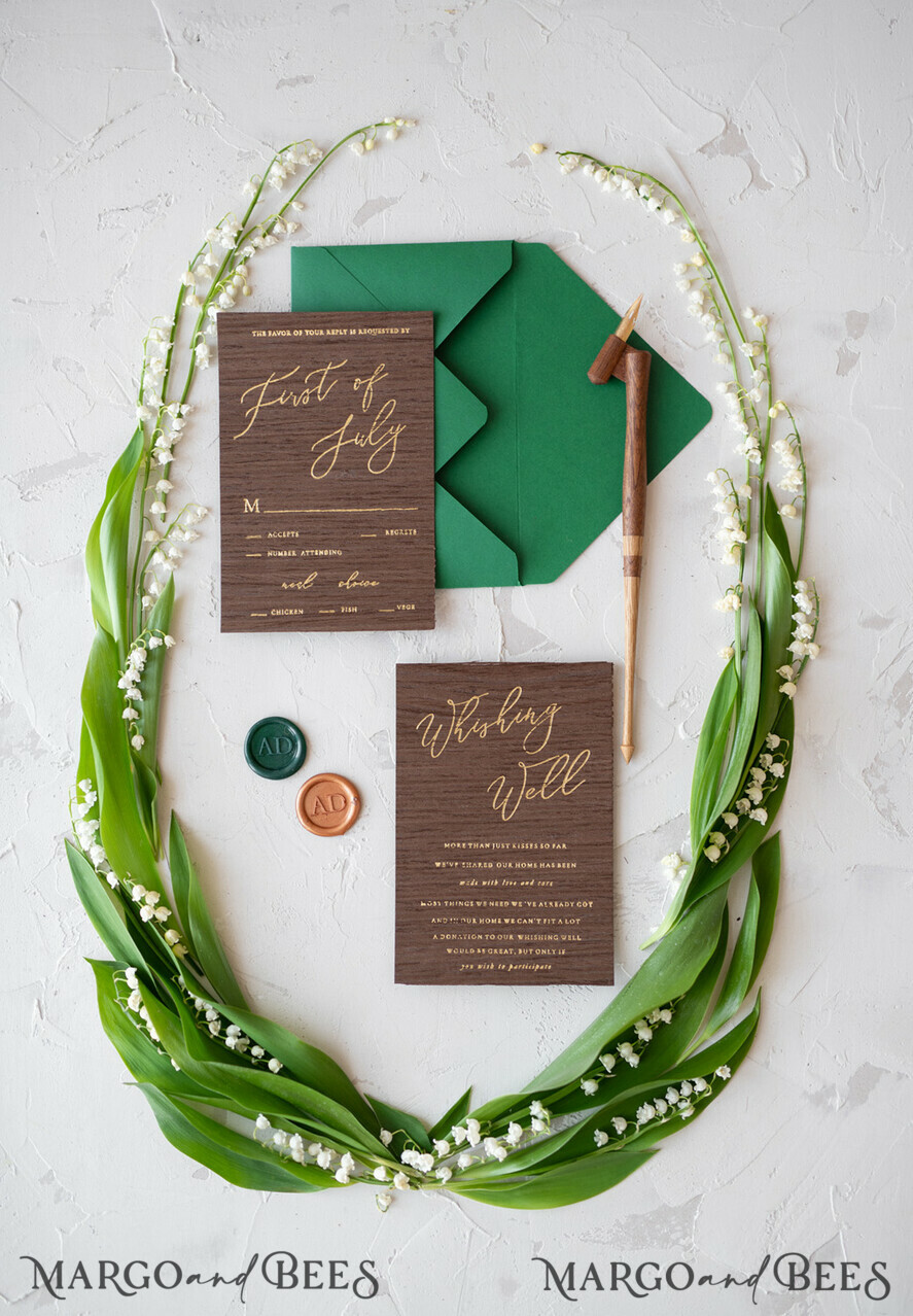 WEDDING INVITATIONS Elegant Invites Classic Cards Real Wood Wedding Invitations Spring Lilly of the Valley Stationery withGolden Letters Vellum Wraping Wax Seal Green Envelope