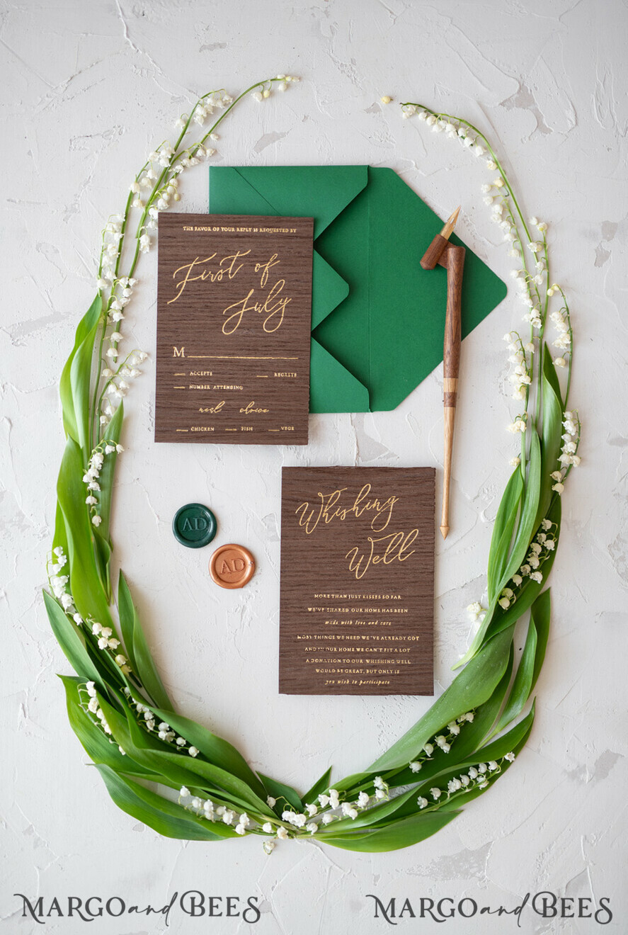 WEDDING INVITATIONS Elegant Invites Classic Cards Real Wood Wedding Invitations Spring Lilly of the Valley Stationery withGolden Letters Vellum Wraping Wax Seal Green Envelope