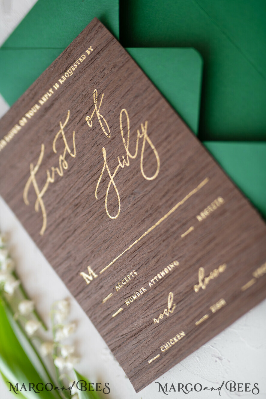 WEDDING INVITATIONS Elegant Invites Classic Cards Real Wood Wedding Invitations Spring Lilly of the Valley Stationery withGolden Letters Vellum Wraping Wax Seal Green Envelope