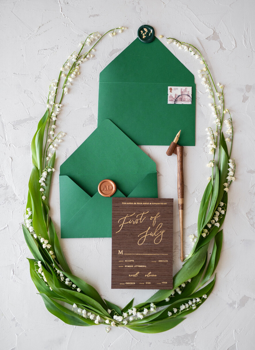 WEDDING INVITATIONS Elegant Invites Classic Cards Real Wood Wedding Invitations Spring Lilly of the Valley Stationery withGolden Letters Vellum Wraping Wax Seal Green Envelope