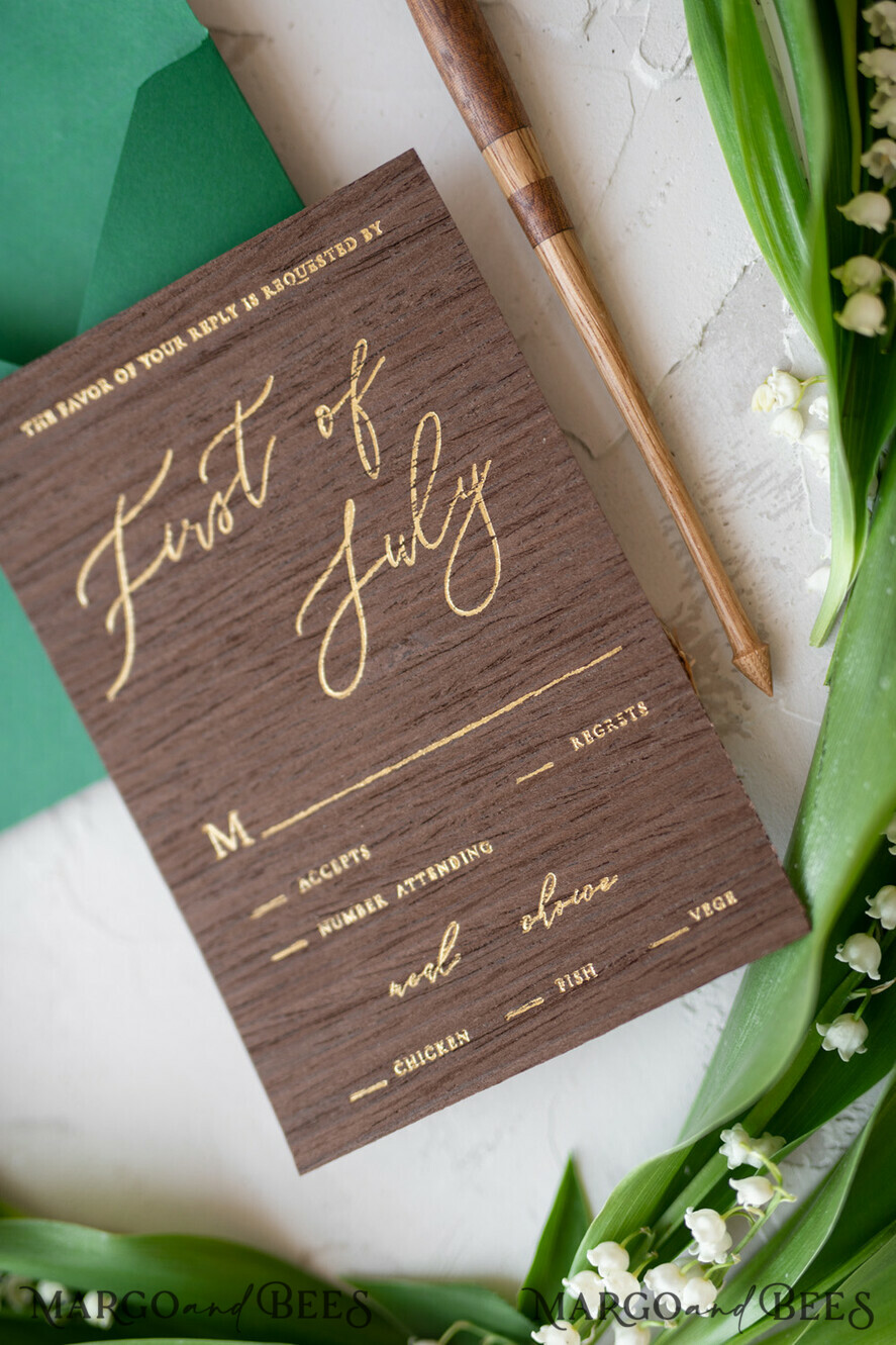 WEDDING INVITATIONS Elegant Invites Classic Cards Real Wood Wedding Invitations Spring Lilly of the Valley Stationery withGolden Letters Vellum Wraping Wax Seal Green Envelope