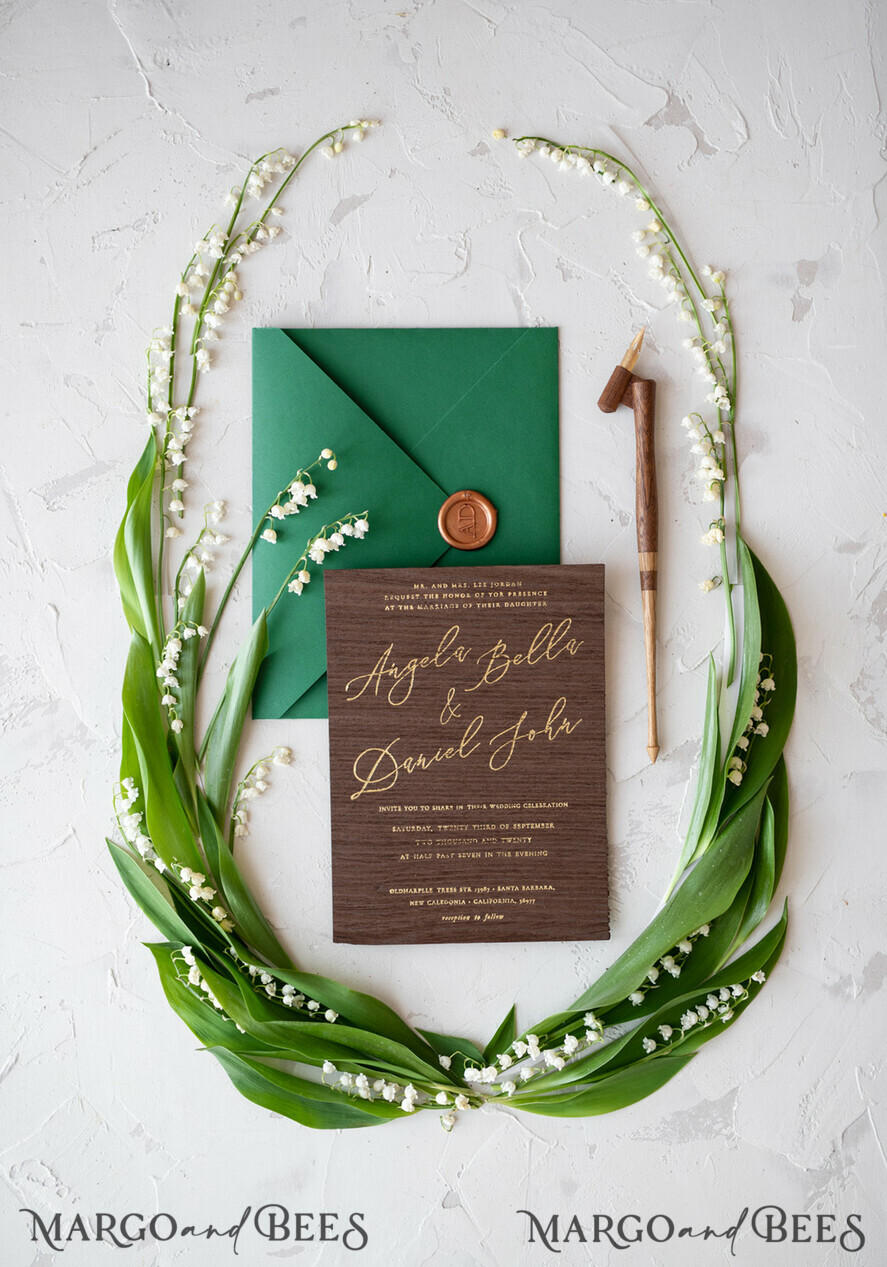WEDDING INVITATIONS Elegant Invites Classic Cards Real Wood Wedding Invitations Spring Lilly of the Valley Stationery withGolden Letters Vellum Wraping Wax Seal Green Envelope