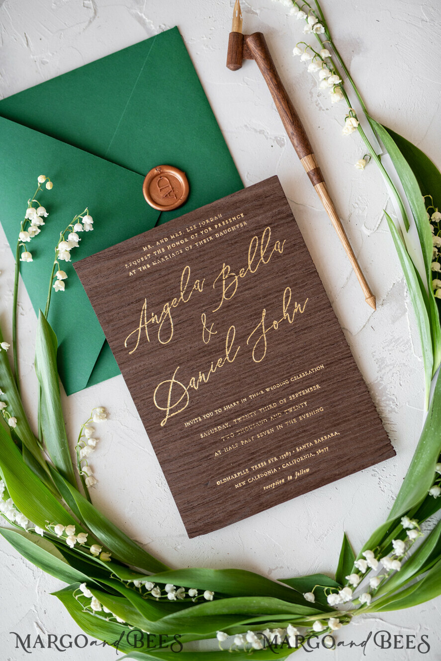 WEDDING INVITATIONS Elegant Invites Classic Cards Real Wood Wedding Invitations Spring Lilly of the Valley Stationery withGolden Letters Vellum Wraping Wax Seal Green Envelope