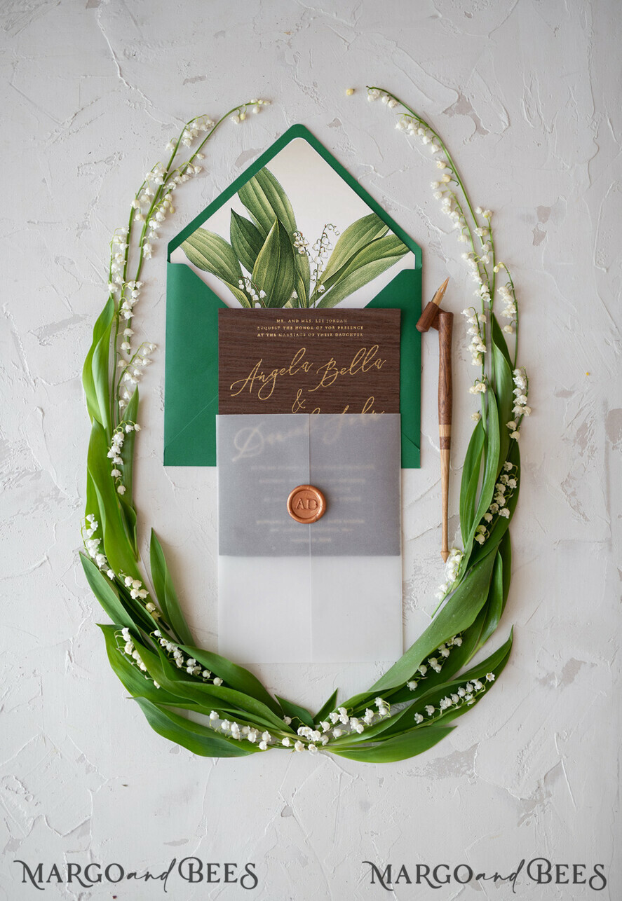 WEDDING INVITATIONS Elegant Invites Classic Cards Real Wood Wedding Invitations Spring Lilly of the Valley Stationery withGolden Letters Vellum Wraping Wax Seal Green Envelope