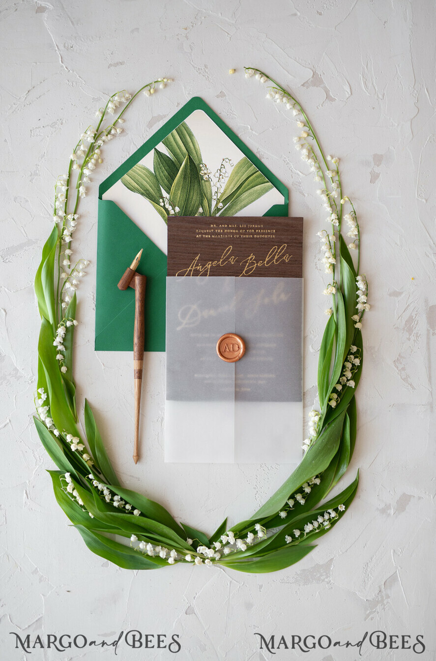 WEDDING INVITATIONS Elegant Invites Classic Cards Real Wood Wedding Invitations Spring Lilly of the Valley Stationery withGolden Letters Vellum Wraping Wax Seal Green Envelope