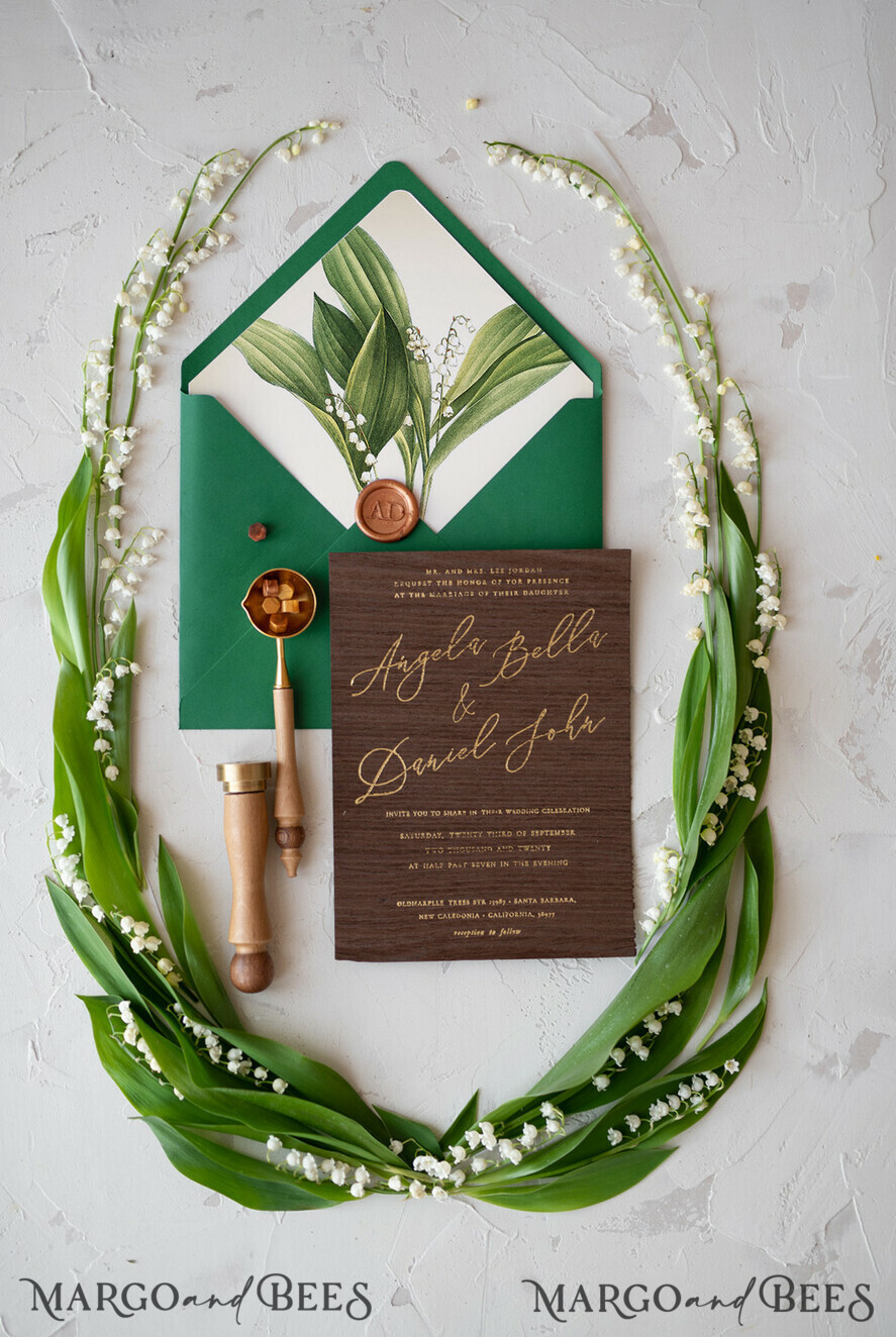 WEDDING INVITATIONS Elegant Invites Classic Cards Real Wood Wedding Invitations Spring Lilly of the Valley Stationery withGolden Letters Vellum Wraping Wax Seal Green Envelope
