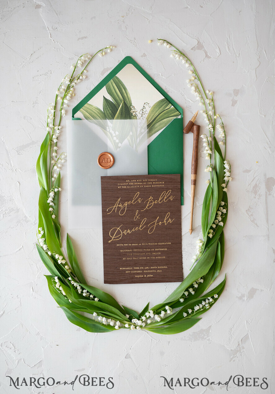 WEDDING INVITATIONS Elegant Invites Classic Cards Real Wood Wedding Invitations Spring Lilly of the Valley Stationery withGolden Letters Vellum Wraping Wax Seal Green Envelope