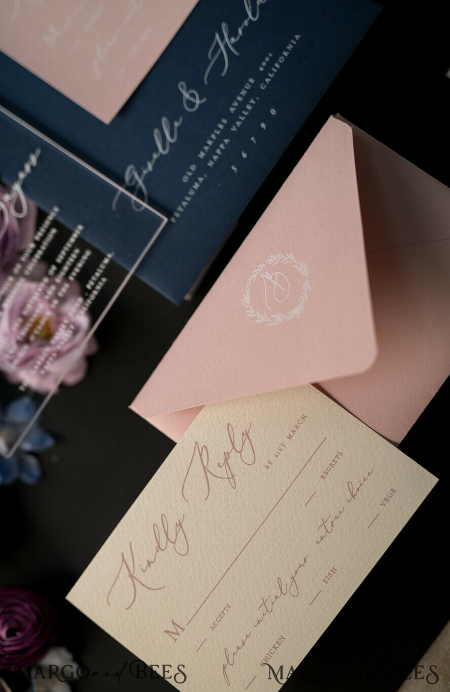 WEDDING INVITATIONS Elegant Invites Classic Cards Vintage Wedding Invitations Transparent Stationery with Vellum and Wax Seal Blush Pink or Navy Blue Envelope