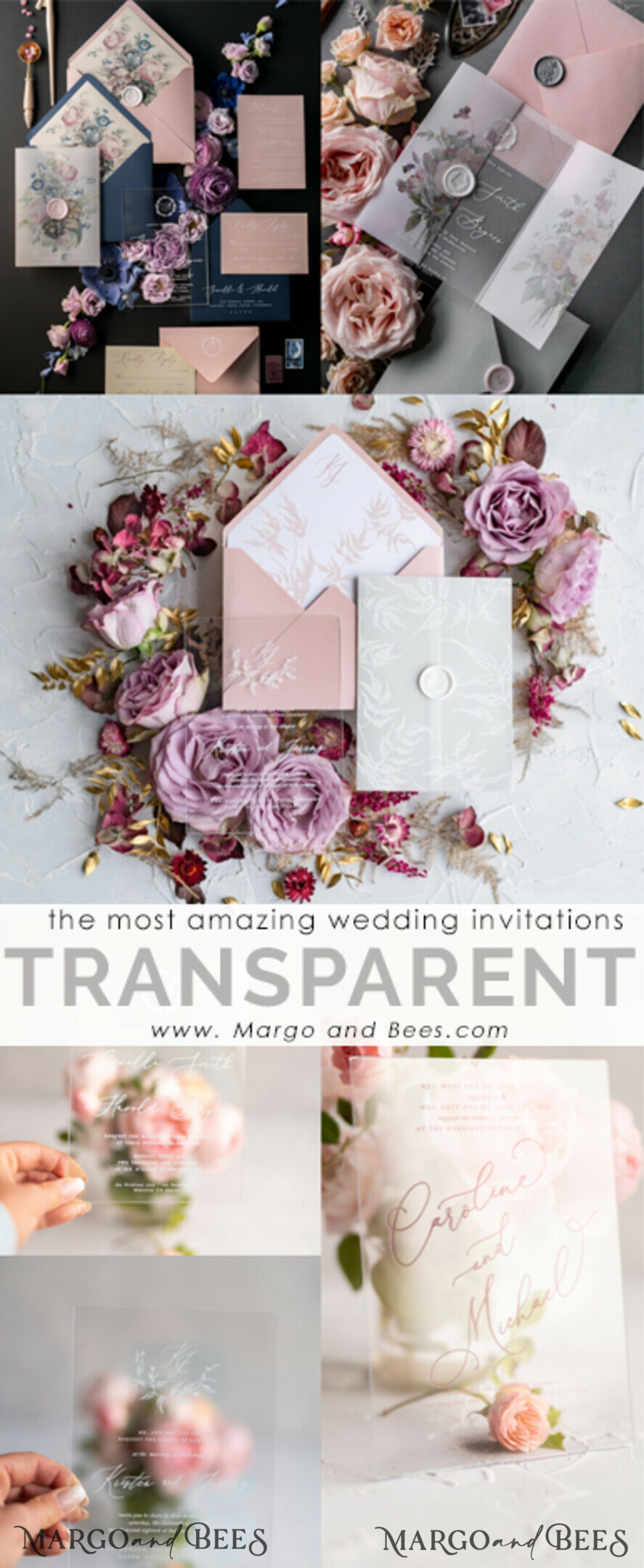 WEDDING INVITATIONS Elegant Invites Classic Cards Vintage Wedding Invitations Transparent Stationery with Vellum and Wax Seal Blush Pink or Navy Blue Envelope