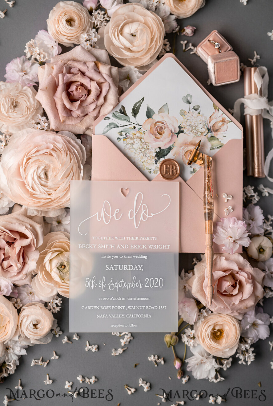 WEDDING INVITATIONS Elegant Invites Classic Cards Romantic Blush Pink Wedding Invitations, Luxury Frozen Acrylic Plexi Wedding Invites, Elegant Floral Wedding Cards, Handmade Vellum Wedding Invitation Suite