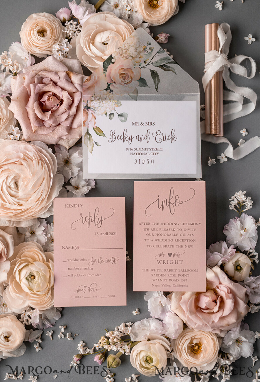 WEDDING INVITATIONS Elegant Invites Classic Cards Romantic Blush Pink Wedding Invitations, Luxury Frozen Acrylic Plexi Wedding Invites, Elegant Floral Wedding Cards, Handmade Vellum Wedding Invitation Suite